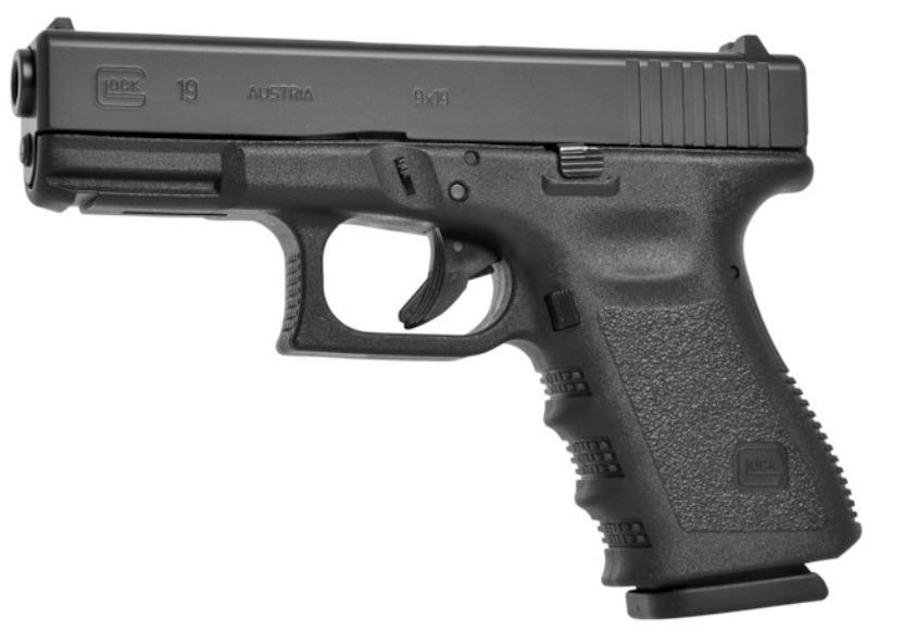 GLOCK 19 9mm Luger, pistola compacta e versátil, ideal para defesa pessoal e uso profissional, com design ergonômico e sistema Safe Action.